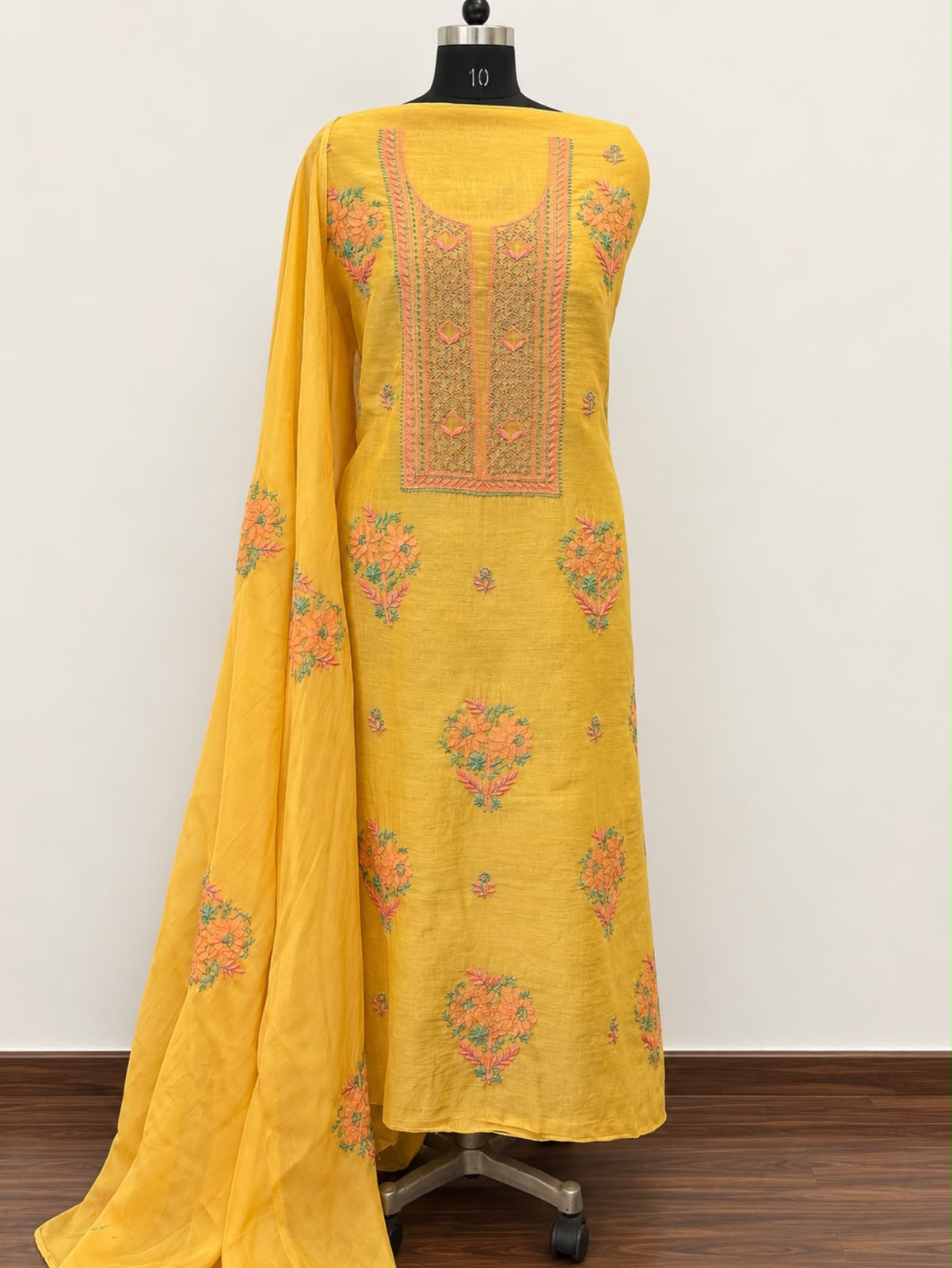 Mustard Mul Chanderi Chikankari Suit